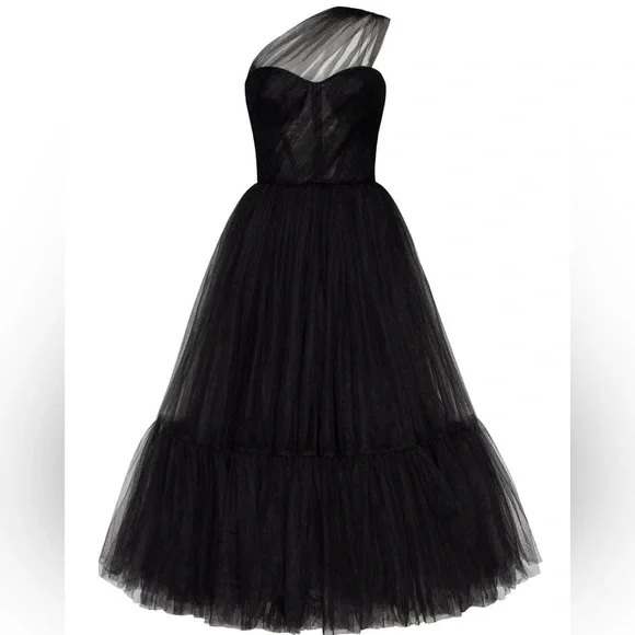 Milla Black One-Shoulder Cocktail Mesh Tulle Luxurious A-line midi Dress - Picture 3 of 8